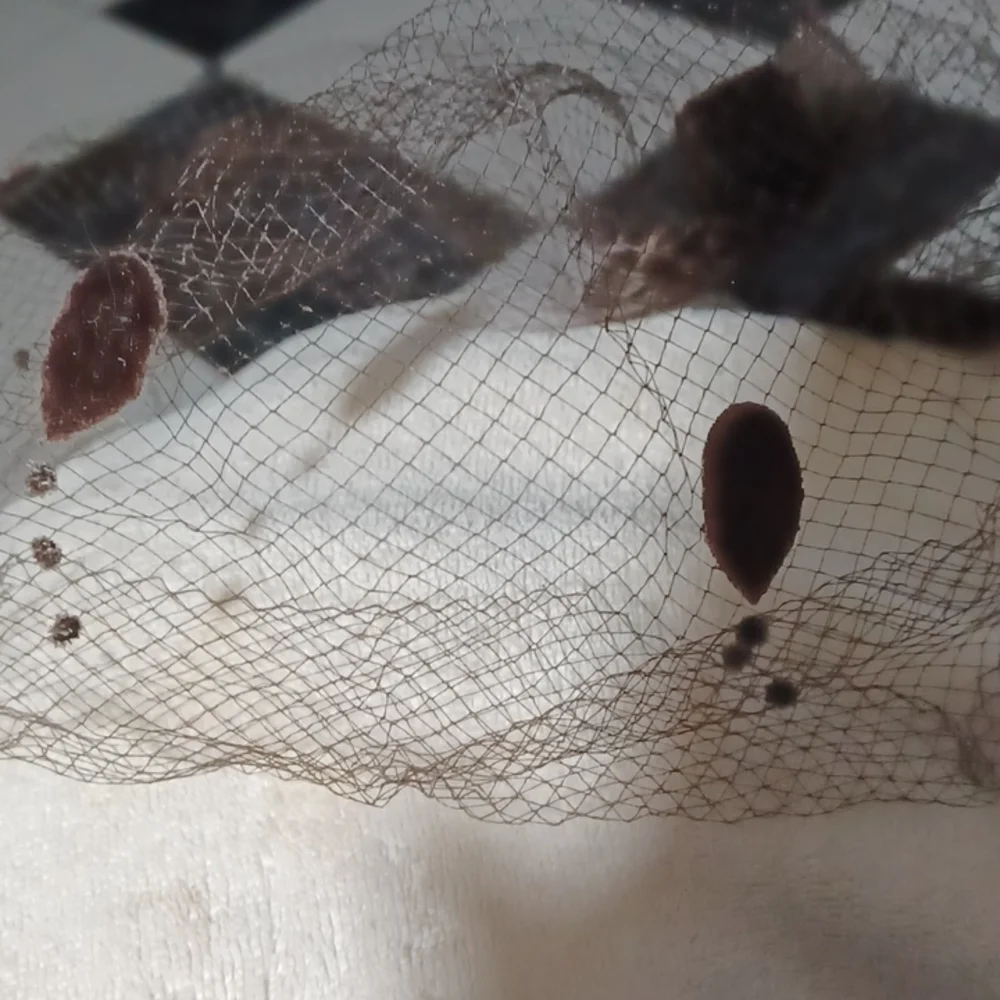 Vintage Set of 2 Net Veils, dark brown velvet bows and tear drops, tan velvet